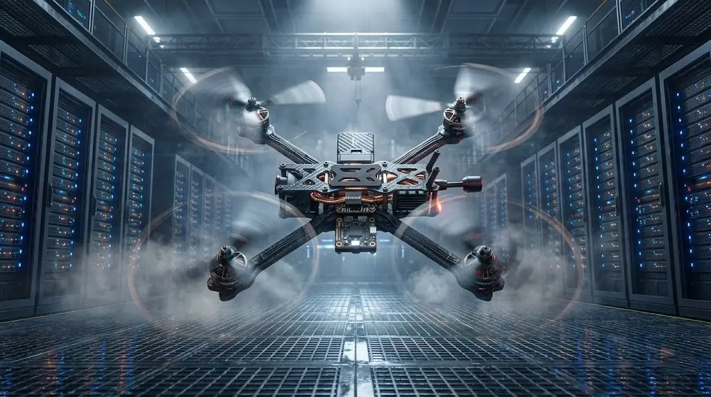 ToysV Falcon 1 professional 4K drone ready for flight in a futuristic hangar